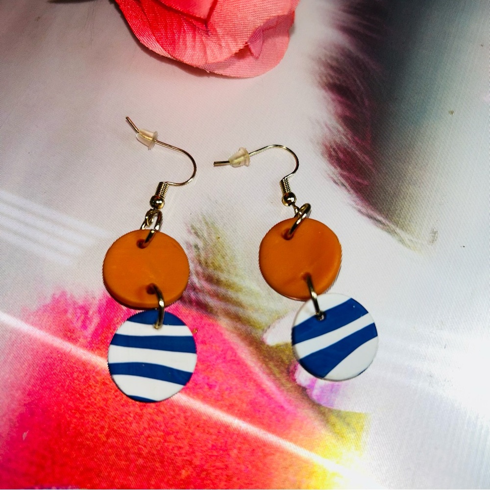 Orange and Blue Striped Earrings - Picture 7 of 16